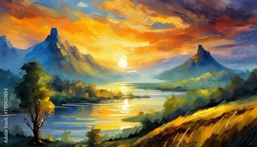 A breathtaking view of the sun sinking below the horizon, casting a warm, golden glow across the tranquil landscape. Rendered with rich colors and soft brushstrokes, capturing the magic of twilight.