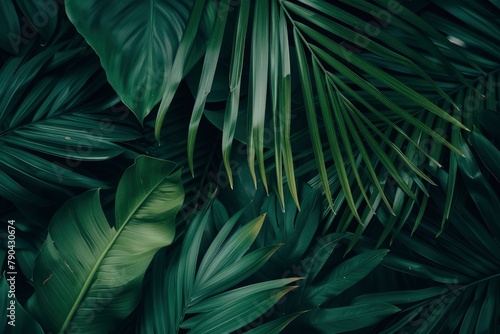closeup nature view of green leaf and palms background. Flat lay, dark nature concept, tropical leaf - generative ai