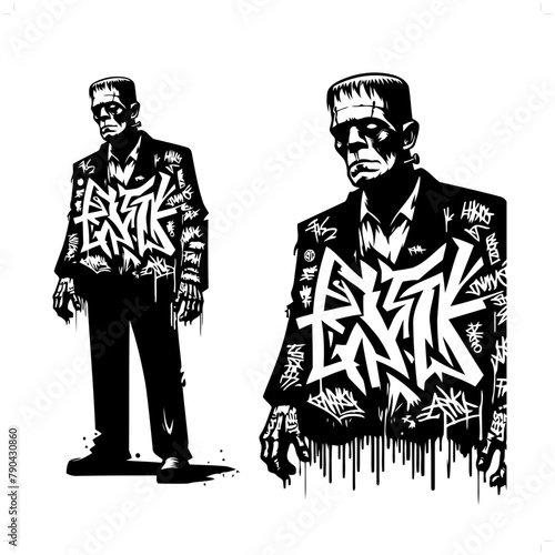 frankenstein silhouette, horror character in graffiti tag, hip hop, street art typography illustration.