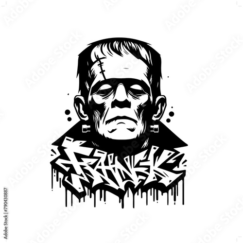 frankenstein silhouette, horror character in graffiti tag, hip hop, street art typography illustration.