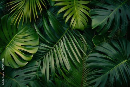 closeup nature view of green leaf and palms background. Flat lay, dark nature concept, tropical leaf - generative ai