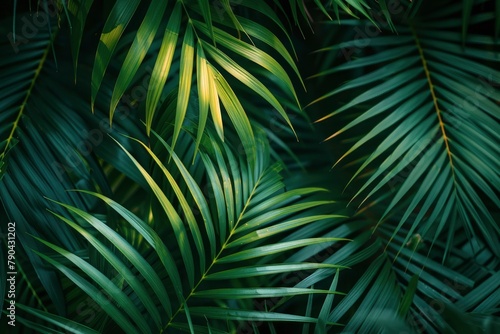 closeup nature view of green leaf and palms background. Flat lay, dark nature concept, tropical leaf - generative ai © Nia™