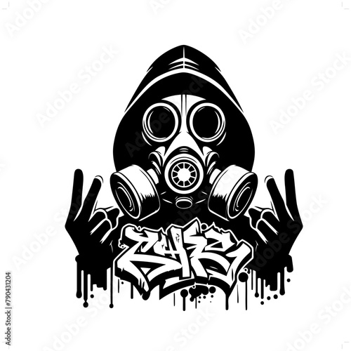 gassmask silhouette, horror character in graffiti tag, hip hop, street art typography illustration.