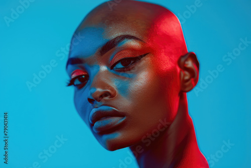 Headshot of a bald black woman with a bold and artistic makeup look on blue studio background