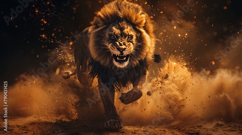 An angry lion with an open mouth. expression of anger. Portrait of a big male lion with open mouth on a dark background. Big male lion in fire on black background. Wildlife scene with big cat. 