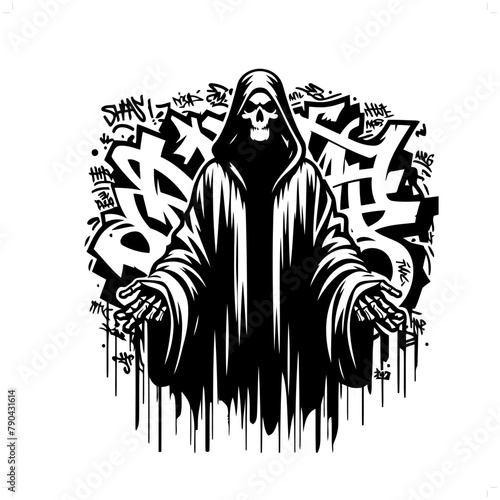 grim reaper silhouette, horror character in graffiti tag, hip hop, street art typography illustration.