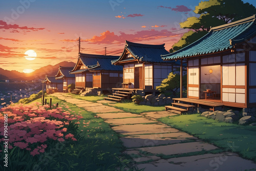 Houses in the countryside with traditional Japanese style houses on the side of the path. At dusk the sunset. Without people. In anime style