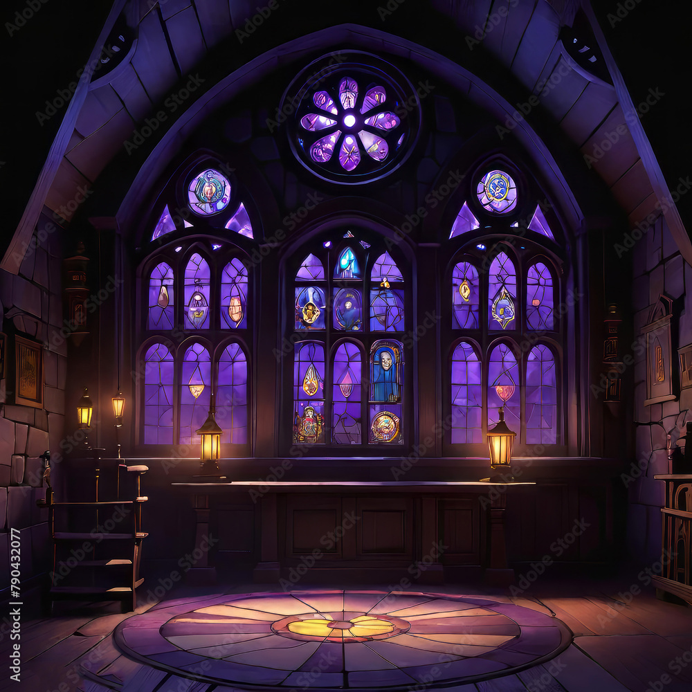 Round room with stained glass in an ancient medieval castle, large beautiful stained glass windows with purple light, Round room with stained glass in an ancient medieval castle, large beautiful stained glass windows with purple light,