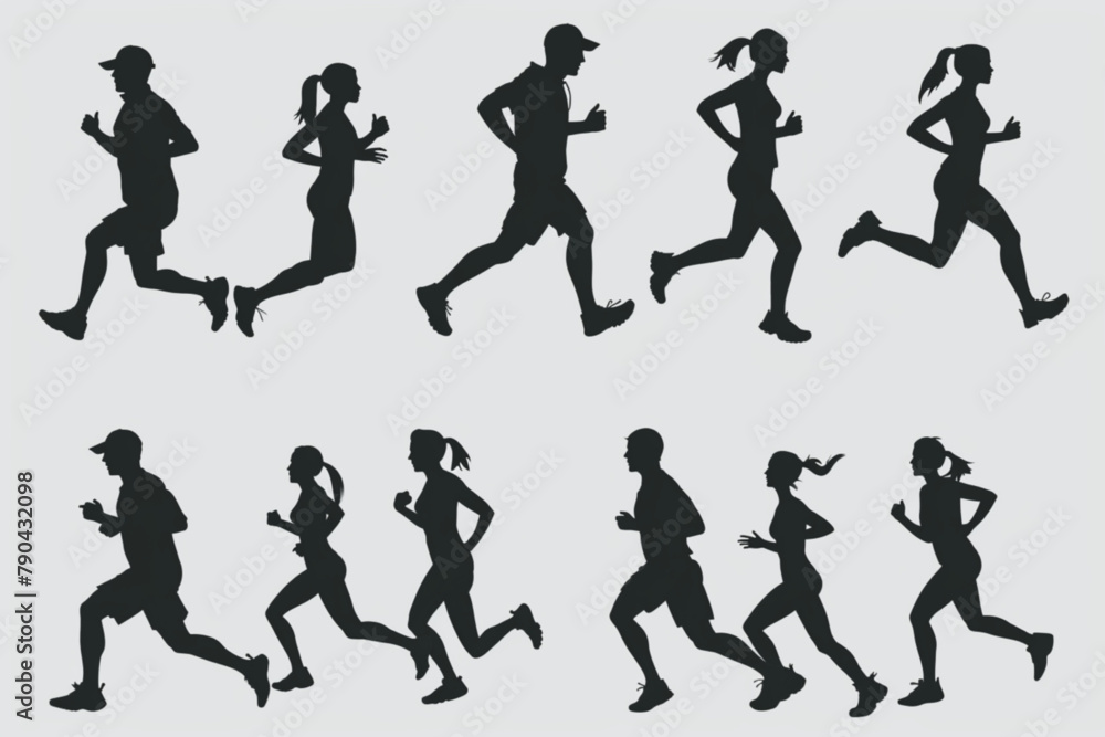 running people silhouette collection, jogging illustration vector icon, white background, black colour icon