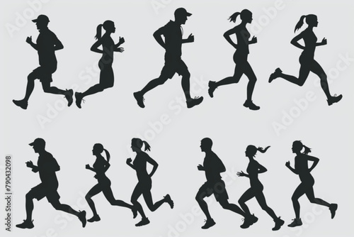 running people silhouette collection, jogging illustration vector icon, white background, black colour icon photo