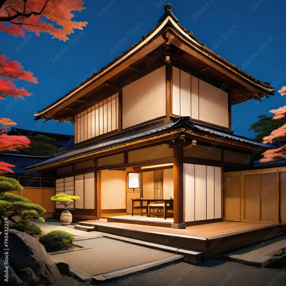 Naklejka premium Exterior photography of a high end home, modern and minimalist design home in the evening hours,