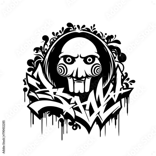 jigsaw silhouette, horror character in graffiti tag, hip hop, street art typography illustration.