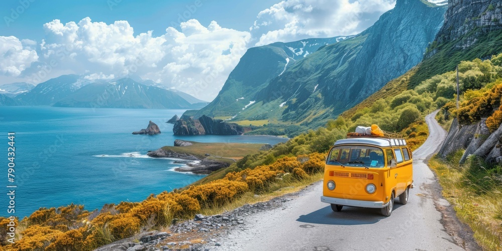 Picturesque summer road trip in vibrant yellow van against majestic Norwegian fjords backdrop, evoking wanderlust and adventure, blue sky, lush mountains, coastal views.