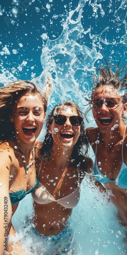 Joyful summer splash: three women laughing as water droplets fly around, vibrant blue sky at beach party, vivid foreground focus on fun and friendship.