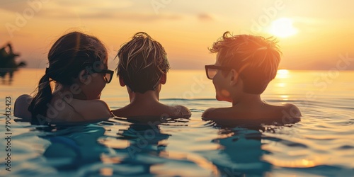 Beautiful sunset swim with three young friends enjoying golden hour in calm ocean, evoking summer joy and friendship vibes.