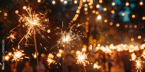 Vibrant celebration with sparkling hand-held fireworks among crowds, evoking joy of New Year's Eve festivities under glowing lights. photo