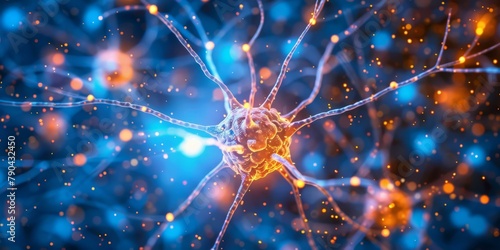 Vibrant digital illustration of neuron with glowing connections, symbolizing scientific discovery in neuroscience, in blue and orange hues.