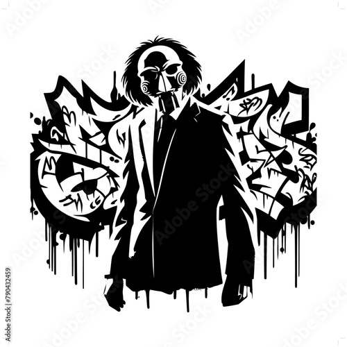 jigsaw silhouette, horror character in graffiti tag, hip hop, street art typography illustration.