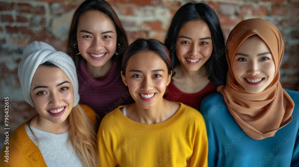 Vibrant gathering of five joyful women in colorful attire representing diverse cultures, friendship day theme, smiling against brick backdrop. Vibrant gathering of five joyful women in colorful attire representing diverse cultures, friendship day theme, smiling against brick backdrop.