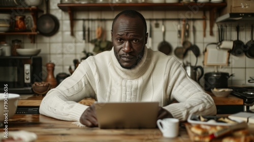 Focused Black man in white sweater working on laptop in cozy rustic kitchen filled with cooking utensils and homely ambiance.