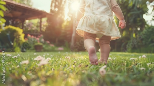 Charming toddler taking first steps in sunlit garden, soft focus on bare feet, warmth of childhood and growth depicted, light yellow dress. Copy space. photo