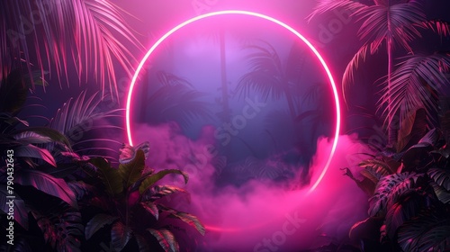 Enchanting neon pink circle halo in tropical jungle at night, evoking mystery and futuristic themes, vibrant party mood with lush foliage.