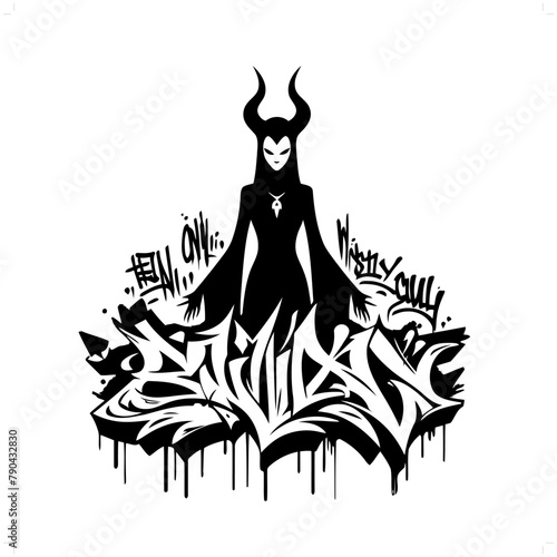 sucubus silhouette, horror character in graffiti tag, hip hop, street art typography illustration.