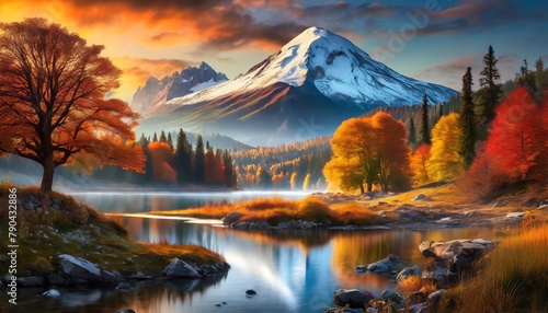 Autumn sunset over snow-capped mountains