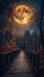 A wooden bridge leading to the moon, surrounded by dense forests and dark skies