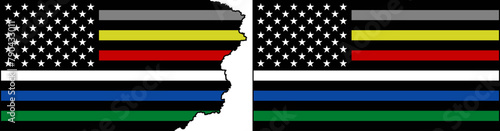 US flags vector with thin colored lines that represents corrections, dispatchers, firefighters, emergency medical services, police, military