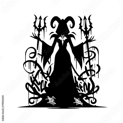 sucubus silhouette, horror character in graffiti tag, hip hop, street art typography illustration.