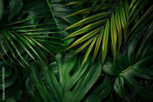 closeup nature view of green leaf and palms background. Flat lay, dark nature concept, tropical leaf - generative ai