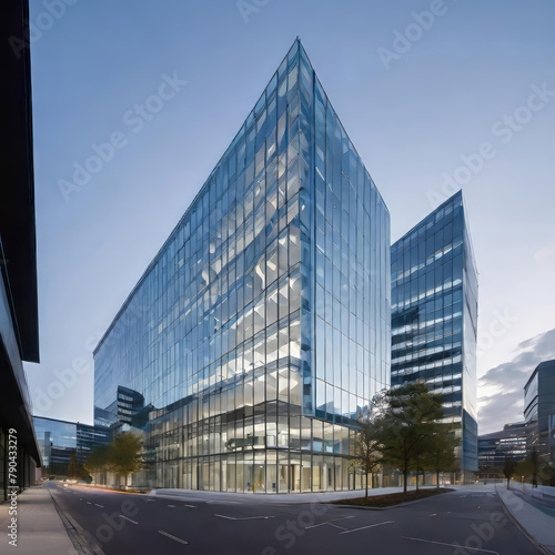 creative modern glass office building of a large corporation in the city, environmental building design with proportional straight lines going out