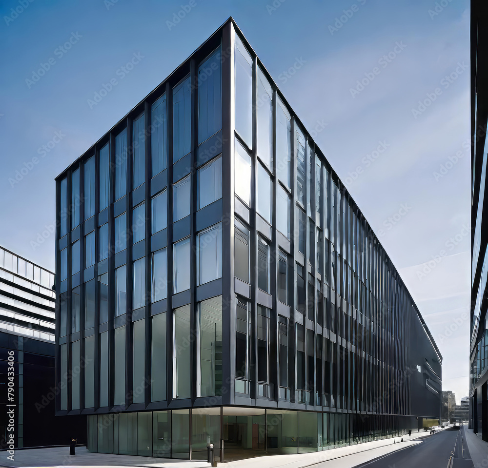 creative modern glass office building of a large corporation in the city, environmental building design with proportional straight lines going out creative modern glass office building of a large corporation in the city, environmental building design with proportional straight lines going out