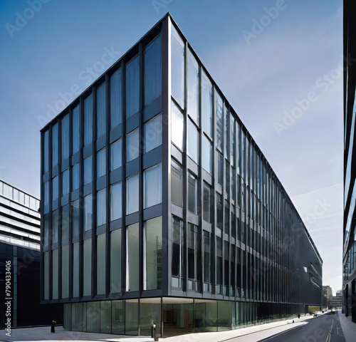 creative modern glass office building of a large corporation in the city, environmental building design with proportional straight lines going out © Perecciv