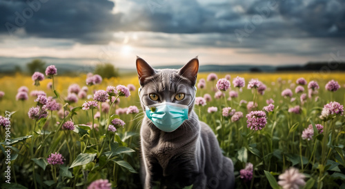 cat with allergies in a medical mask in the spring, allergic reaction to flowers and dust in animals photo