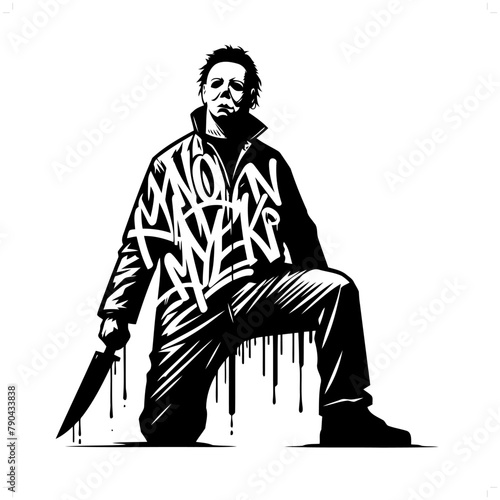 halloween slasher silhouette, horror character in graffiti tag, hip hop, street art typography illustration. photo