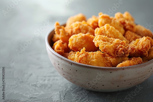 Finger food A dish of deepfried chicken nuggets on a table photo