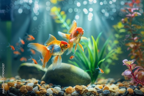 Tranquil goldfish exploring tank enriched with nature photo