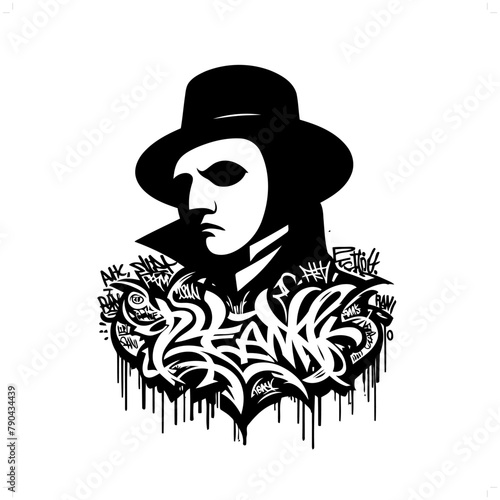 mask opera silhouette, horror character in graffiti tag, hip hop, street art typography illustration.