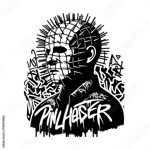 hellraiser silhouette, horror character in graffiti tag, hip hop, street art typography illustration. photo