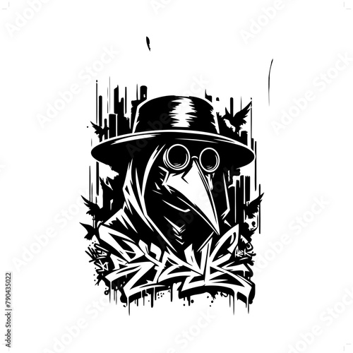 plague mask silhouette, horror character in graffiti tag, hip hop, street art typography illustration.