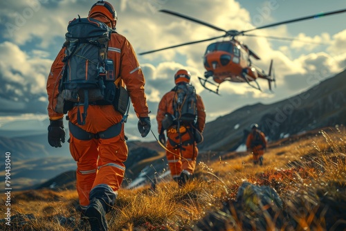 Search and rescue team traverses rough mountain terrain with helicopter assistance depicting perseverance and readiness