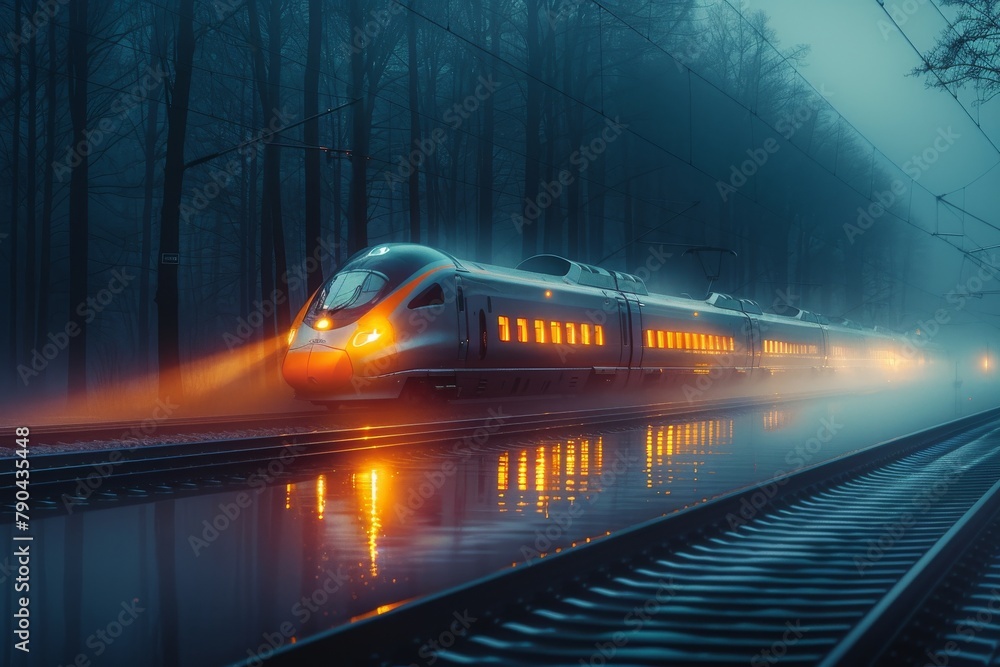 Naklejka premium A modern high-speed train rushes through a misty forest rail track creating a dream-like vivid atmosphere