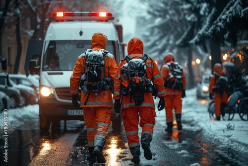 An emergency response team faces harsh winter conditions, reflecting the relentless dedication to saving lives