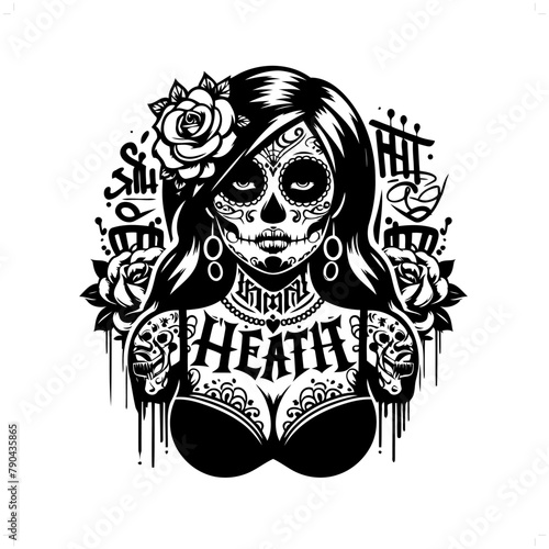 sugar skull girl silhouette, horror character in graffiti tag, hip hop, street art typography illustration.