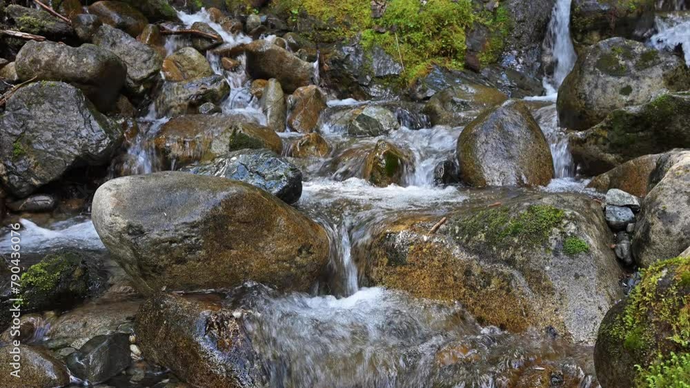 Mountain stream falls over river rocks in closeup as fresh water pours down levels of large boulders in refreshing cascade of freshness Mountain stream falls over river rocks in closeup as fresh water pours down levels of large boulders in refreshing cascade of freshness