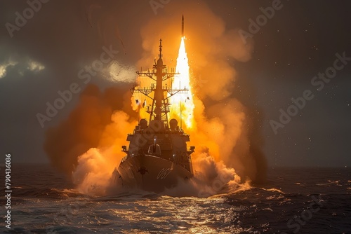 An awe-inspiring view of a warship firing missiles into a sunset sky, with dramatic lighting and intense action visible