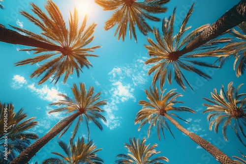 View of palm trees from below against a clear blue sky, depicting tropical landscapes and vacation vibes