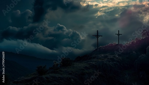The Christianity themed on a background with dramatic at dawn, the spirit of preaching the Gospel throughout the world. A beautiful sea of ​​clouds, dark clouds and sky and sunbeams